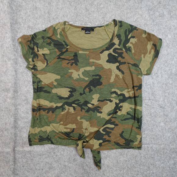 Sanctuary Top Womens Large Scoop Neck Camo Green Brown Knot Front Casual Tee - Picture 1 of 9